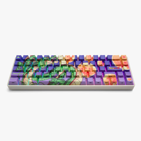DBZ x Higround Shenron Basecamp 65 Performance Keyboard angled view of Ninja-print lettering