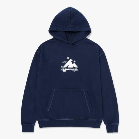 HIGROUND BLUEPRINT HOODIE - Front with navy cloth and white printed design