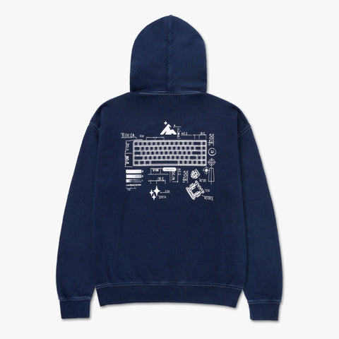 HIGROUND BLUEPRINT HOODIE - back with navy cloth and white printed design