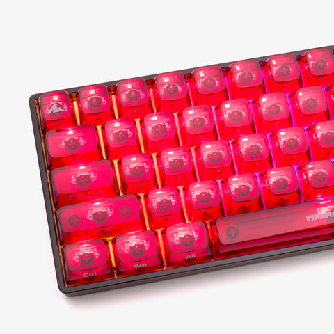 Left side of CLEAR RUBY Base 65 Keyboard (White Flame Switch)