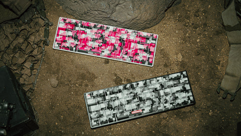 Higround Digicamo Base 65 Keyboard Pink and Arctic on sandy, military-themed background